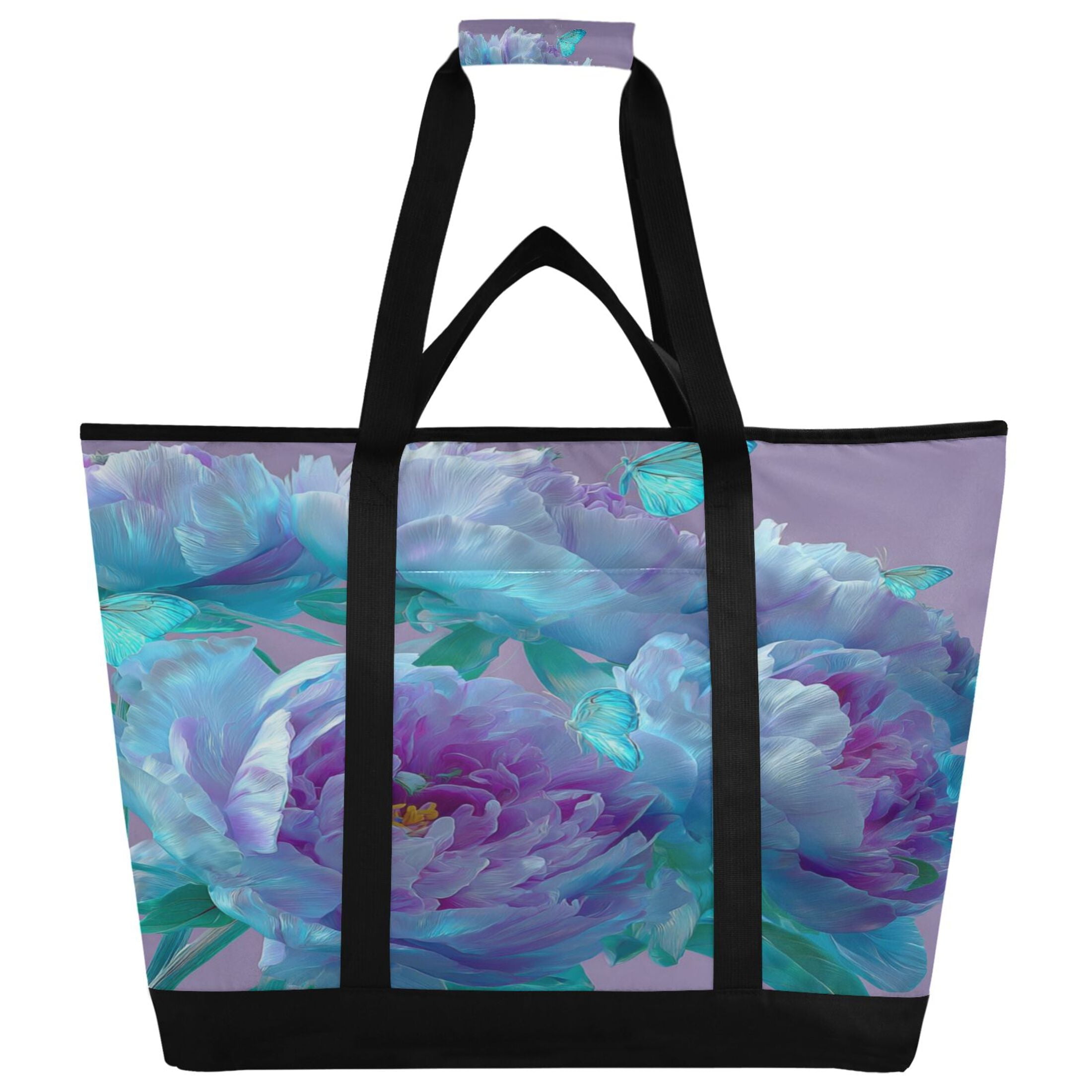Large Hand-held Ice Pack Picnic Bag Insulation and Refrigeration Suitable for Shopping Picnics and Camping Purple Flower Butterfly