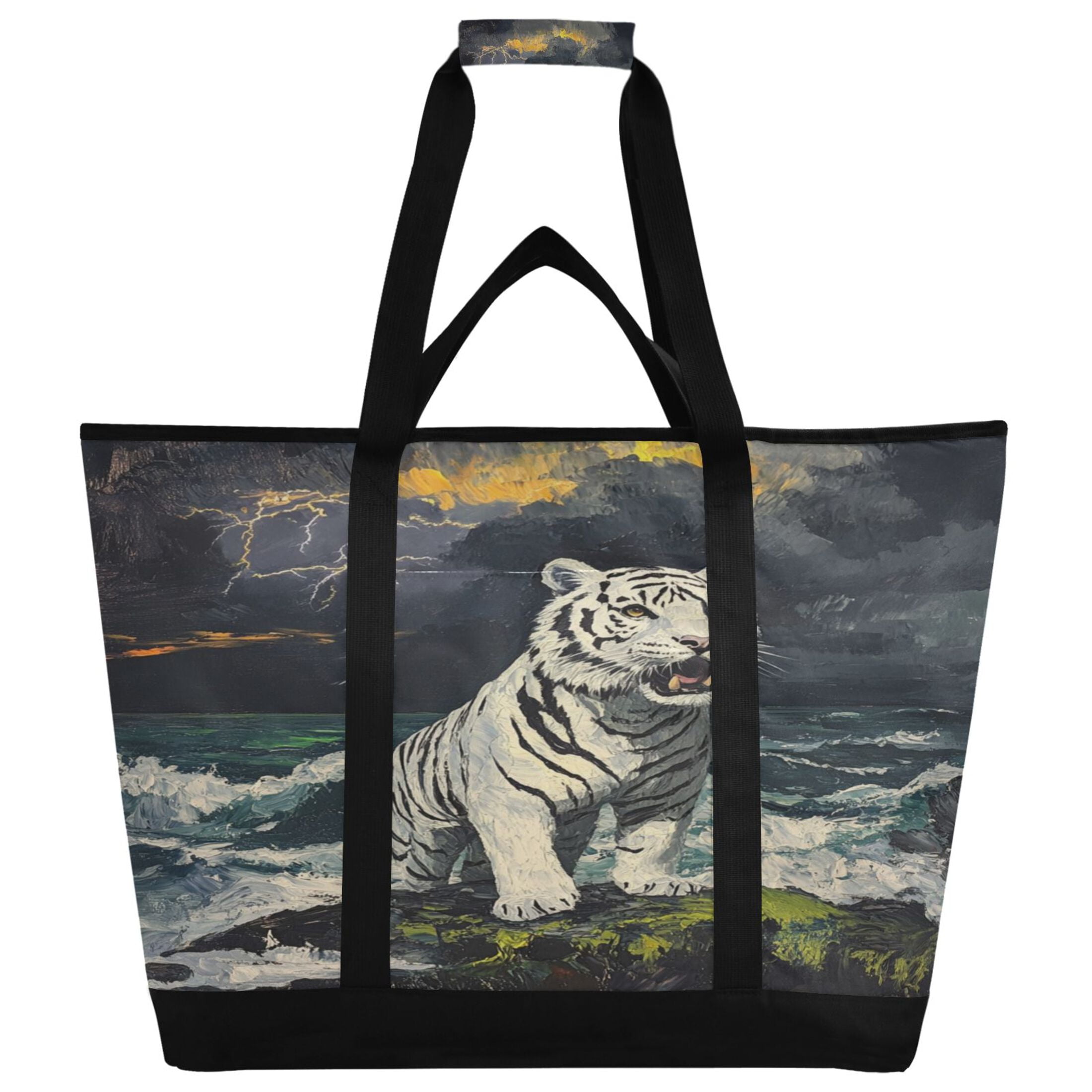 Large Hand-held Ice Pack Picnic Bag Insulation and Refrigeration Suitable for Shopping Picnics and Camping White Tiger