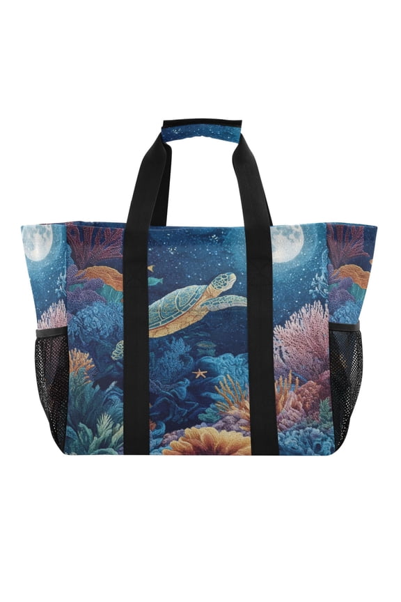 Large Handbag Waterproof Tote Laundry Bag Beach Bag Pool Bag Travel Tote Bags Kitchen Reusable Grocery Bags Blue Sea Coral Jellyfish