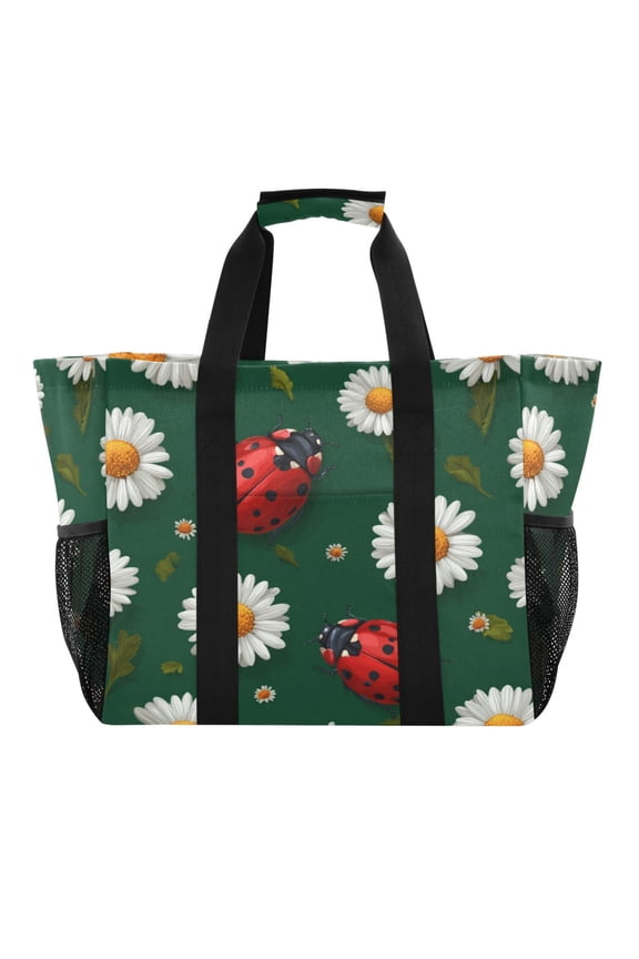Large Handbag Waterproof Tote Laundry Bag Beach Bag Pool Bag Travel Tote Bags Kitchen Reusable Grocery Bags Cute Ladybug White Daisy