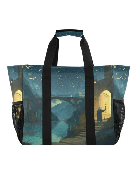 Large Handbag Waterproof Tote Laundry Bag Beach Bag Pool Bag Travel Tote Bags Kitchen Reusable Grocery Bags Old Man Bridge River Scene