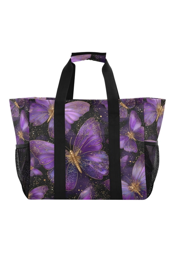 Large Handbag Waterproof Tote Laundry Bag Beach Bag Pool Bag Travel Tote Bags Kitchen Reusable Grocery Bags Purple Butterflies