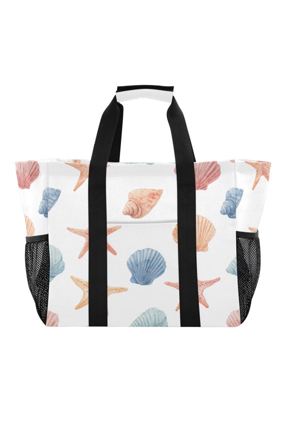 Large Handbag Waterproof Tote Laundry Bag Beach Bag Pool Bag Travel Tote Bags Kitchen Reusable Grocery Bags Seamless Shell Flower Art