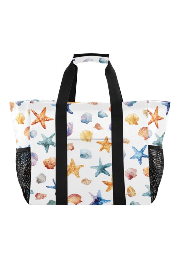 Large Handbag Waterproof Tote Laundry Bag Beach Bag Pool Bag Travel Tote Bags Kitchen Reusable Grocery Bags Watercolor Sea Stars Shells