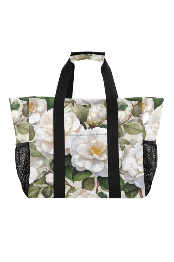 Large Handbag Waterproof Tote Laundry Bag Beach Bag Pool Bag Travel Tote Bags Kitchen Reusable Grocery Bags White Camellia Bloom Pattern