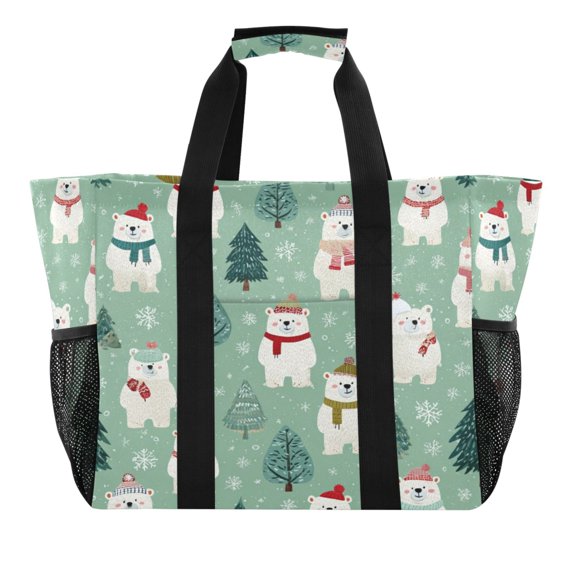 Large Handbag Waterproof Tote Laundry Bag Beach Bag Pool Bag Travel Tote Bags Kitchen Reusable Grocery Bags White Christmas Bear Pattern