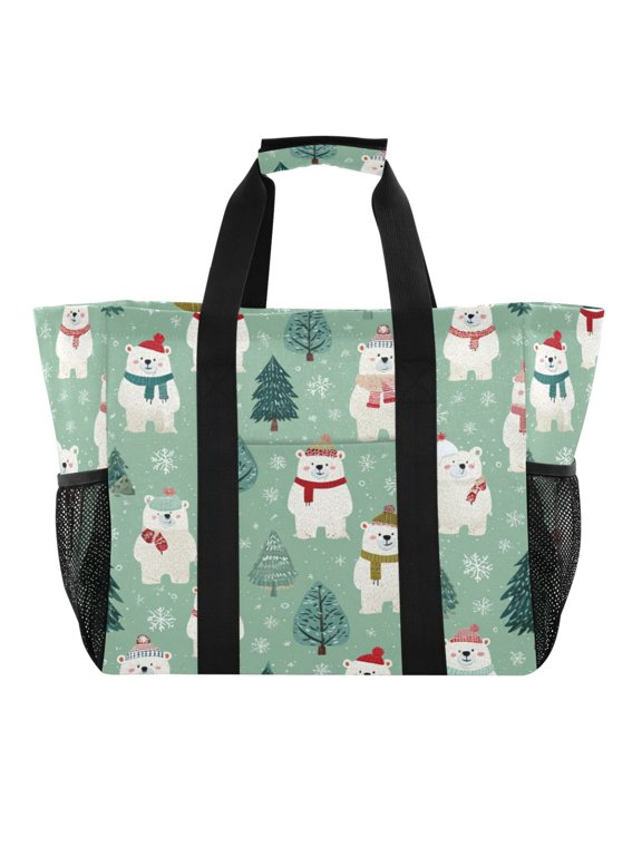Large Handbag Waterproof Tote Laundry Bag Beach Bag Pool Bag Travel Tote Bags Kitchen Reusable Grocery Bags White Christmas Bear Pattern