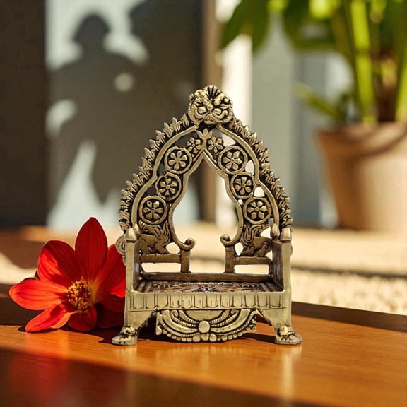 NATRIEL Handmade Vintage Brass Temple Throne Chair for God, Decorative Prayer Room Singhasan with Floral Design, Antique Gold, Laddu Gopal JI, 10x12x16 cm