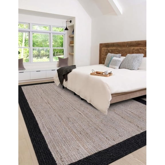 Large Handmade Gray Natural Jute Rug with Black Border 6 x 8 Feet (180 x 240 cm)