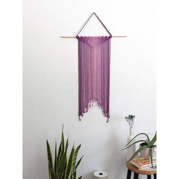 Large Handmade Minimalist wall hanging, Eggplant Boho Ombre tapestry, Macrame Art on wooden dowel with Cotton Cords, Chic design  Decor