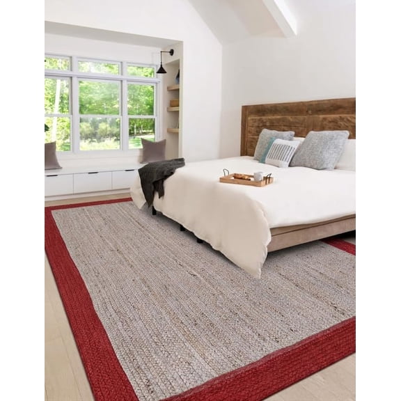 Large Handmade Natural Jute Rug with Gray Center and Red Border 6 x 8 Feet (180 x 240 cm)