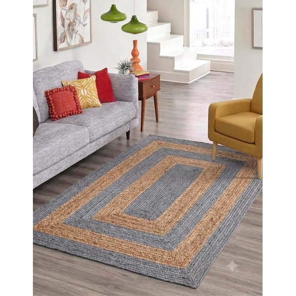 Large Handmade Natural Jute Rug with Gray Geometric Design 6 x 8 Feet (180 x 240 cm)