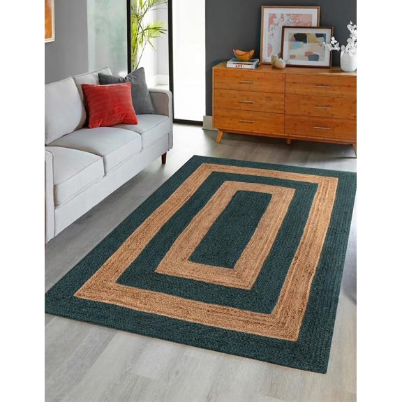 Large Handmade Natural Jute Rug with Green Geometric Design 6 x 8 Feet (180 x 240 cm)