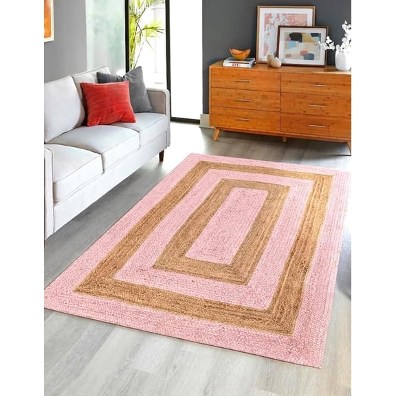 Large Handmade Natural Jute Rug with Pink Jute Design 6 x 8 Feet (180 x 240 cm)