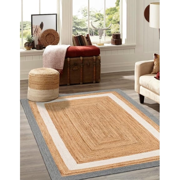 Large Handmade Natural Jute Rug with White and Gray Border 6 x 8 Feet (180 x 240 cm)