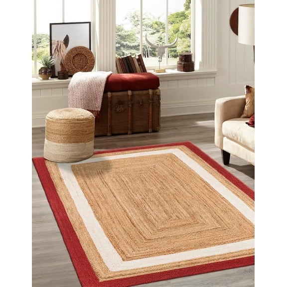 Large Handmade Natural Jute Rug with White and Red Border 6 x 8 Feet (180 x 240 cm)