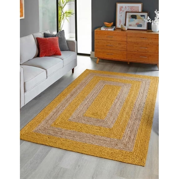 Large Handmade Natural Jute Rug with Yellow Geometric Design 6 x 8 Feet (180 x 240 cm)