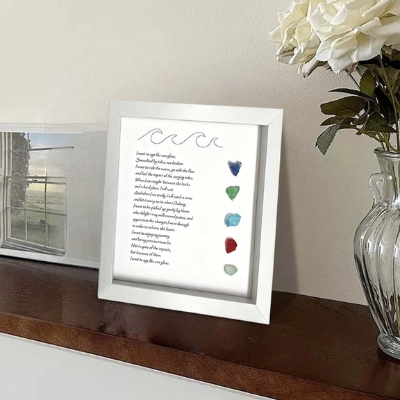 Large Handmade Sea Glass Poem Art with Stone Photo Frame Design for Desktop Decoration