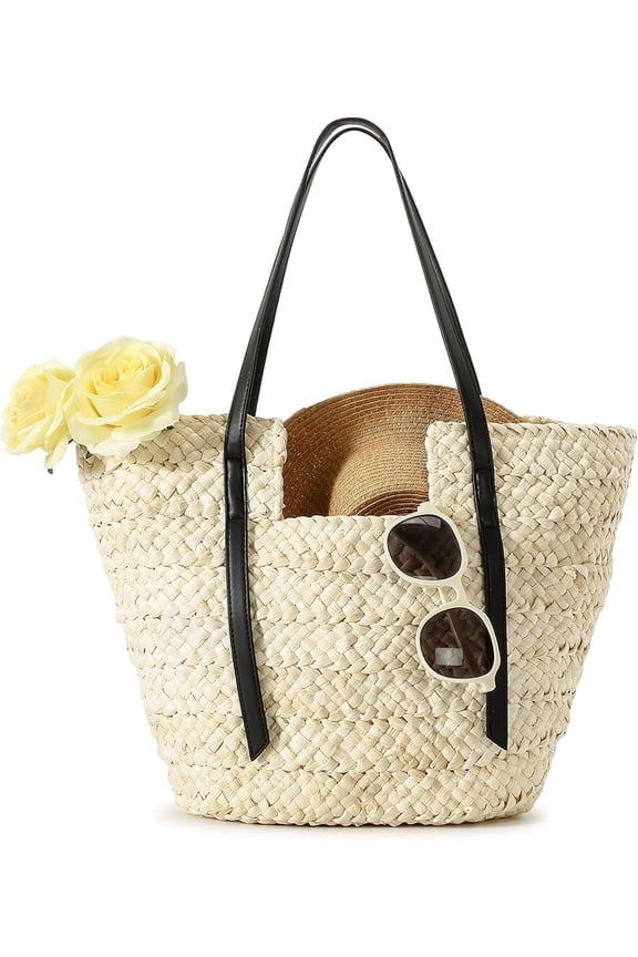 Large Handmade Straw Purses for Women, Summer Beach Natural Weaving Chic Woven Tote Handbags Shoulder Bag