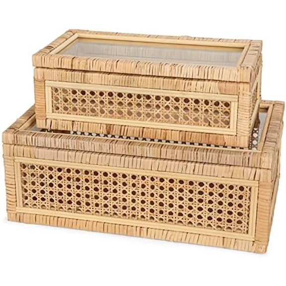 Large Handwoven Boho Rattan Display Boxes with Glass Lids - Set of 2 Rectangular Decorative Storage Bins - Natural Woven Cane Home Decor Organizers (15.55" x 9.64" x 5.9" & 12.48" x 6.88" x 4.52")
