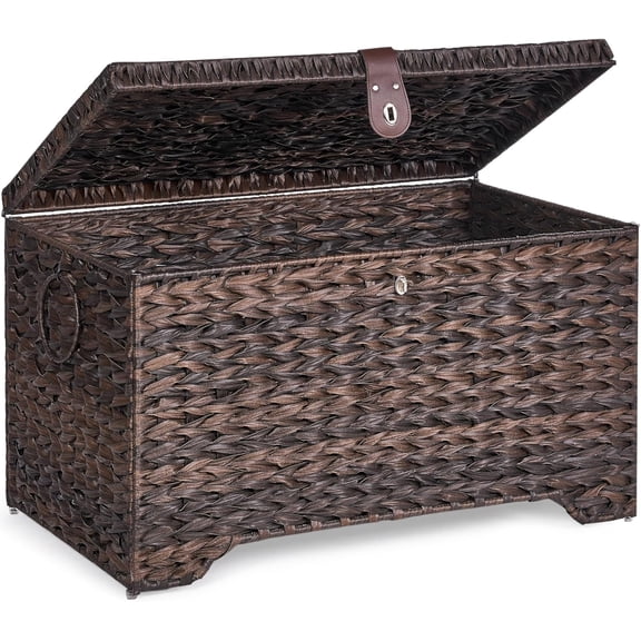 Handwoven Storage Basket With Lid 165l Plastic Rattan Bin Leather Buckle & Metal Frame Large Ring Handles Trunk For Bedroom Laundry Room