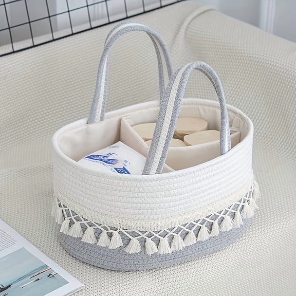 Large Handwoven Storage Basket With Divider - Natural Beige Rope Design, Suitable For Diapers, Bottles, Toys, And Laundry - Portable Organizer For Home, Bedroom, Or Bathroom