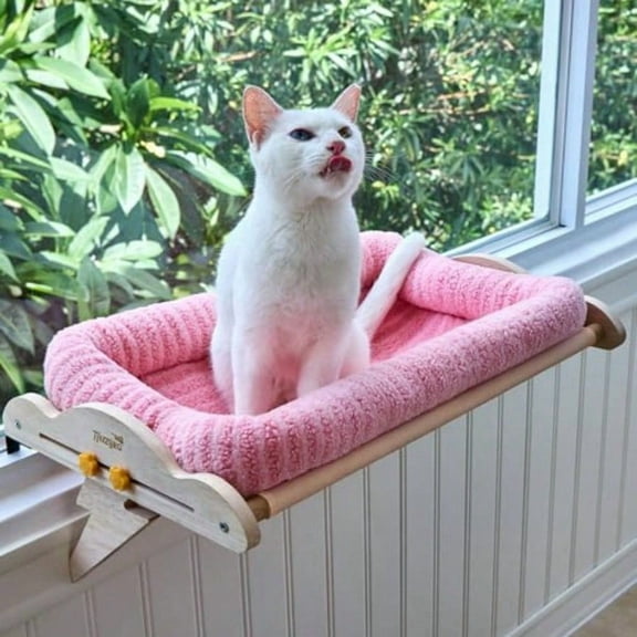 Large Hanging Cat Window Perch Seat Sturdy Solid Wood Frame Easy to Adjust Hammock Bed with Padded Enclosure for Windowsill Shelf Beds for Inside Cats Indoor Cats Small Dogs