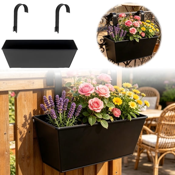 Large Hanging Flower Pots for Railing or Fence, 16.53 Inch Railing Planter Box for Any Balcony, Porch, Deck, Countryside Style Window Planter Box for Herbs and Flowers Garden