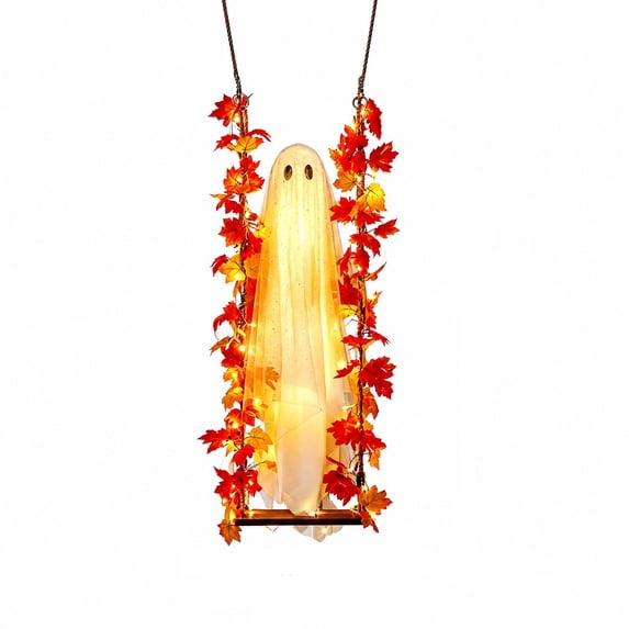 Large Hanging Halloween Ghost on Maple Leaf Swing - Light-Up Floating Ghost Outdoor Tree Decor with Wooden Swing & Remote Control 1.5m / 4.9 ft