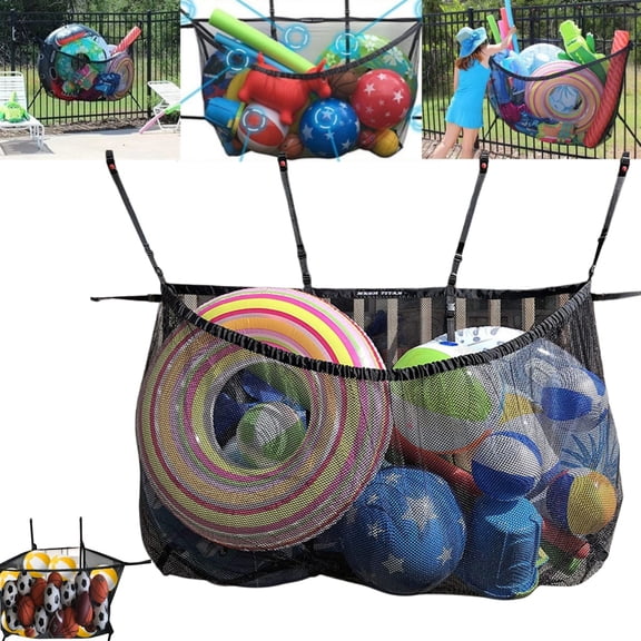 Large Hanging Mesh Pool Storage Bag, Heavy Duty Pool Toy Organizer for Pool Fence Wall, Space Saving Swim Gear Ball Storage Net