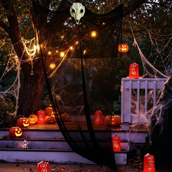 Large Hanging Sheep Skull Halloween Decoration, Ghost Mask with Gauze Draping, Porch and Wall Spooky Ornament, and Spooky Cottage Prop, Great Gift for Halloween Party Hosts