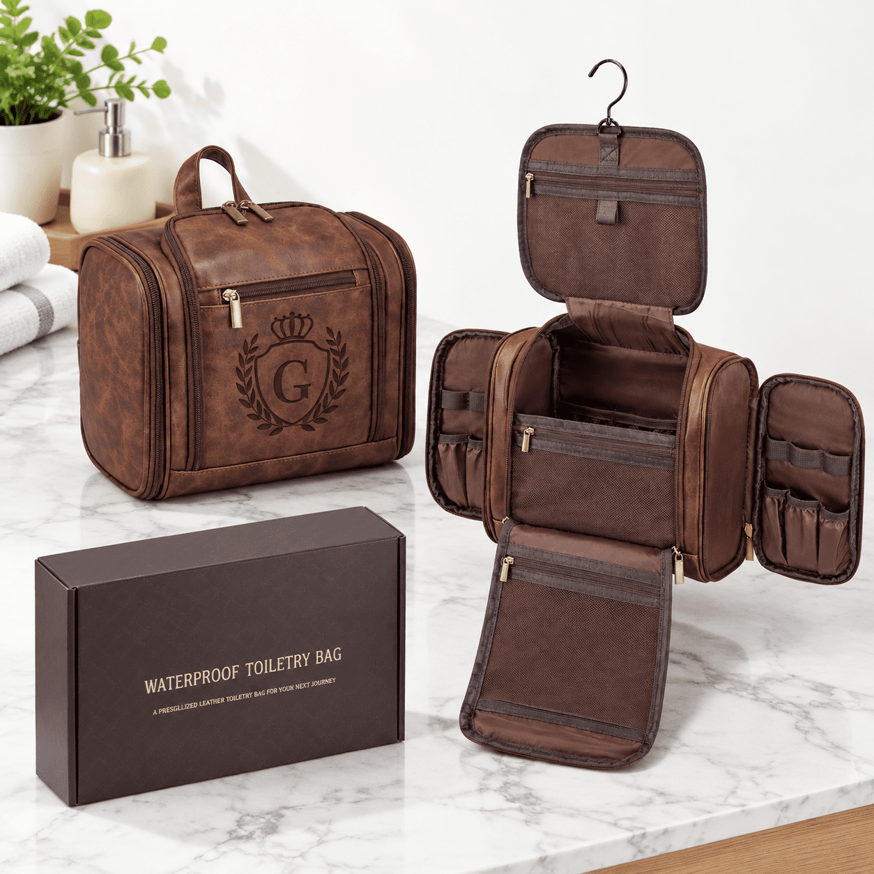 Large Hanging Toiletry Bag, Cognac-G, Personalized PU Leather Travel ...