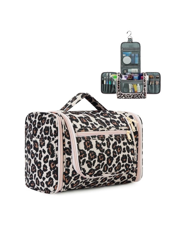 Large Hanging Toiletry Bag Travel Cosmetic Makeup Organizer Water-Resistant Shower Bathroom Bag for Women Men (Beige Leopard)