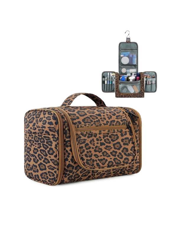 Large Hanging Toiletry Bag for Women Travel Cosmetic Makeup Organizer Water-Resistant Shower Bathroom Bag for Ladies(Brown leopard Print)
