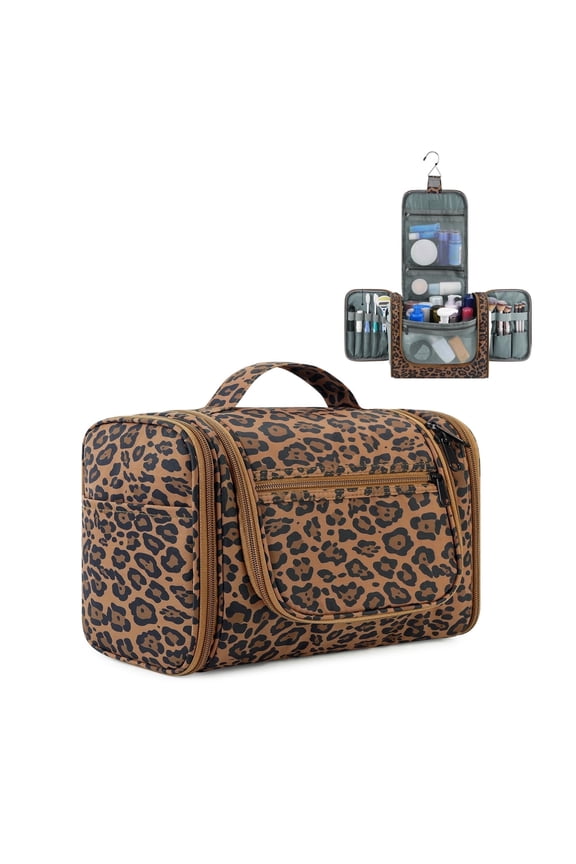 Large Hanging Toiletry Bag for Women Travel Cosmetic Makeup Organizer Water-Resistant Shower Bathroom Bag for Ladies(Brown leopard Print)