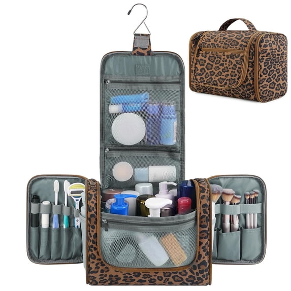 Large Hanging Travel Toiletry Bag Dopp Kit with Hook Cosmetic Makeup Organizer with Brush Holder Water-Resistant Bathroom for Women Men, Brown Leopard