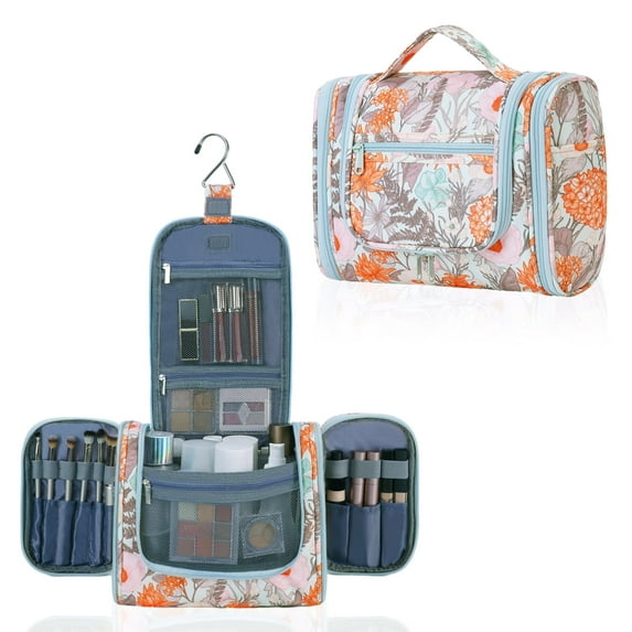 Large Hanging Travel Toiletry Bag Dopp Kit with Hook Cosmetic Makeup Organizer with Brush Holder Water-Resistant Bathroom for Women Men, Orange Flower