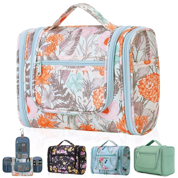 Large Hanging Travel Toiletry Bag Dopp Kit with Hook Cosmetic Makeup Organizer with Brush Holder Water-Resistant Bathroom for Women Men, Orange Flower