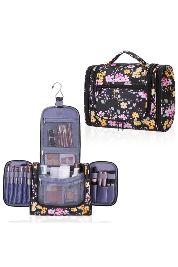 Large Hanging Travel Toiletry Bag Dopp Kit with Hook Cosmetic Makeup Organizer with Brush Holder Water-Resistant Bathroom for Women Men, Black Flower