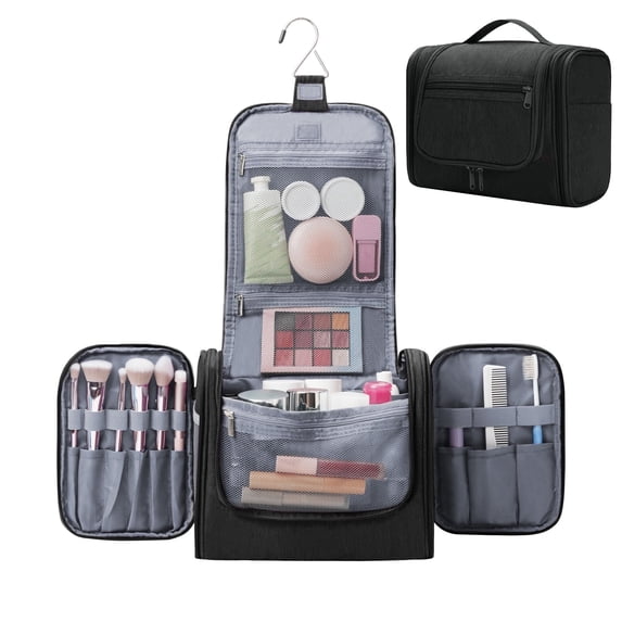 Large Hanging Travel Toiletry Bag Dopp Kit with Hook Cosmetic Makeup Organizer with Brush Holder Water-Resistant Bathroom for Women Men, Black