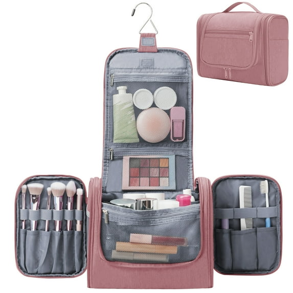 Large Hanging Travel Toiletry Bag Dopp Kit with Hook Cosmetic Makeup Organizer with Brush Holder Water-Resistant Bathroom for Women Men, Dark Pink