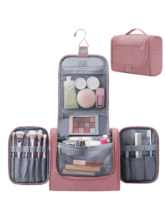 Large Hanging Travel Toiletry Bag Dopp Kit with Hook Cosmetic Makeup Organizer with Brush Holder Water-Resistant Bathroom for Women Men, Dark Pink