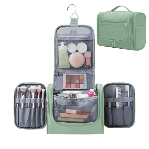 Large Hanging Travel Toiletry Bag Dopp Kit with Hook Cosmetic Makeup Organizer with Brush Holder Water-Resistant Bathroom for Women Men, Green