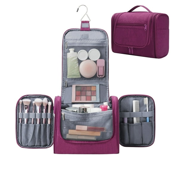 Large Hanging Travel Toiletry Bag Dopp Kit with Hook Cosmetic Makeup Organizer with Brush Holder Water-Resistant Bathroom for Women Men, Purple