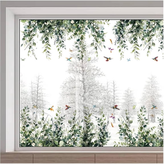 Large Hanging Window Clings - 45.6x11.8 Inch Green Leaves Spring Bird Flower Decals - Removable Reusable Window Film for Sliding Door Glass Room Decor colorful DIY