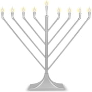 Large Hanukkah LED Angled Display Menorah With 10 Frosted E10 Bulbs Flame Shaped Bulb Traditional Rambam Chanukiah USB Electric Minorah Chabad Chanukah Decorations by Zion Judaica Satin Silver
