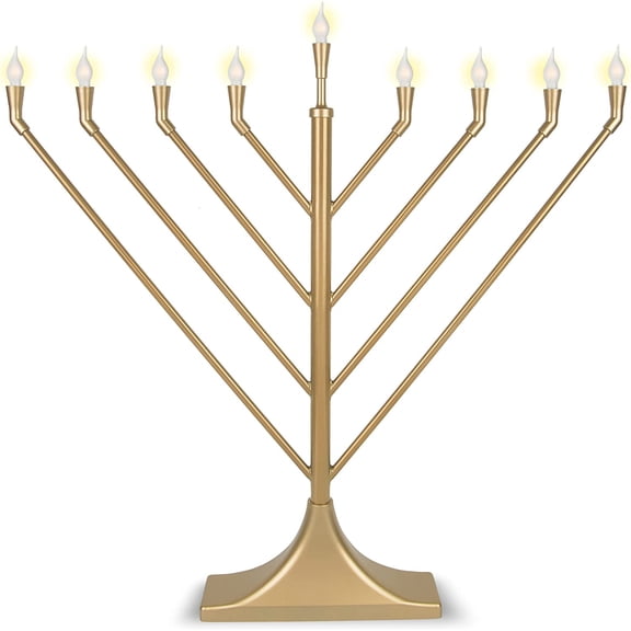 Zion Judaica Large Hanukkah LED Display Angled Menorah V-Shaped with Flame Shape Bulb Traditional Rambam Chanukiah USB Electric Minorah Includes 10 E10 Bulbs Frosted Chanukah Decorations Satin Gold