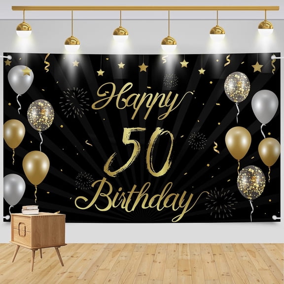 Large Happy 50th Birthday Backdrop Banner, Black Gold Birthday Party Decorations, Happy 50th Birthday Banner Sign Poster Background for Women Men