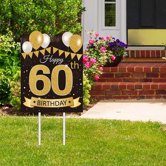 Large Happy 60th Birthday Party Yard Sign Black Gold 60 Birthday Yard Signs with Stakes and Outdoor Lawn Decorations