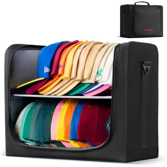 Large Hat Bag for Baseball Caps, Portable Hat Organizer Bag with Handle and Adjustable Shoulder Strap, Holds 24 Caps, For Travel, Moving, Home Storage